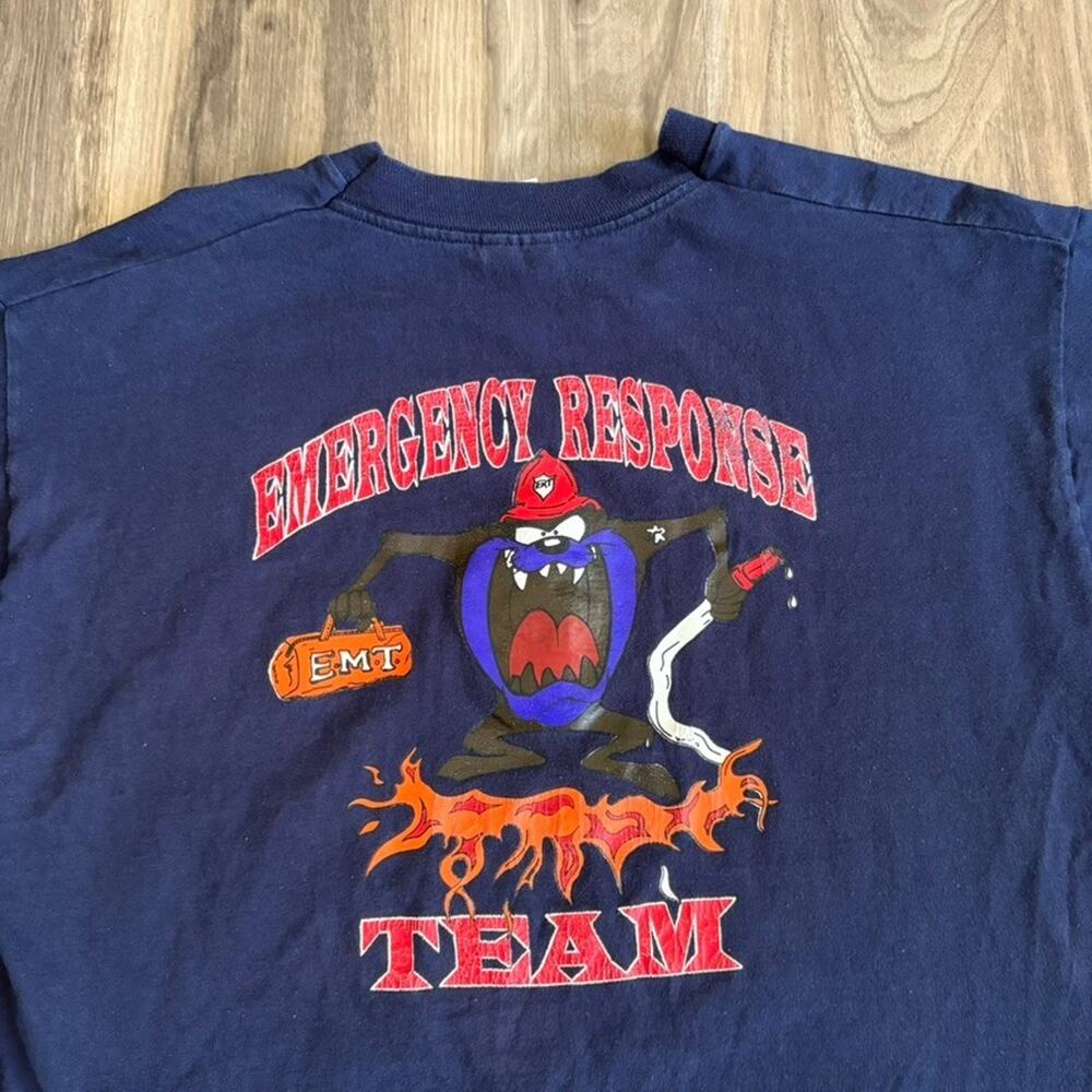 Vintage Looney Tunes EMT Firefighter T-Shirt Men's Size XL Navy Blue WORN 1990s